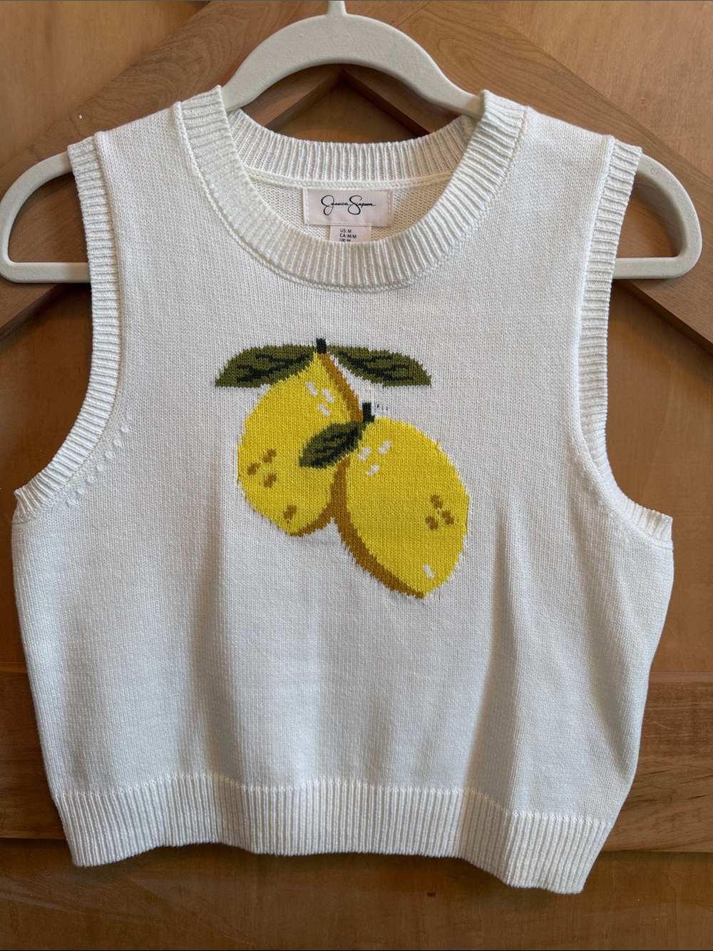 Jessica Simpson White Knit Sleeveless Sweater Vest with Yellow Lemon Motif